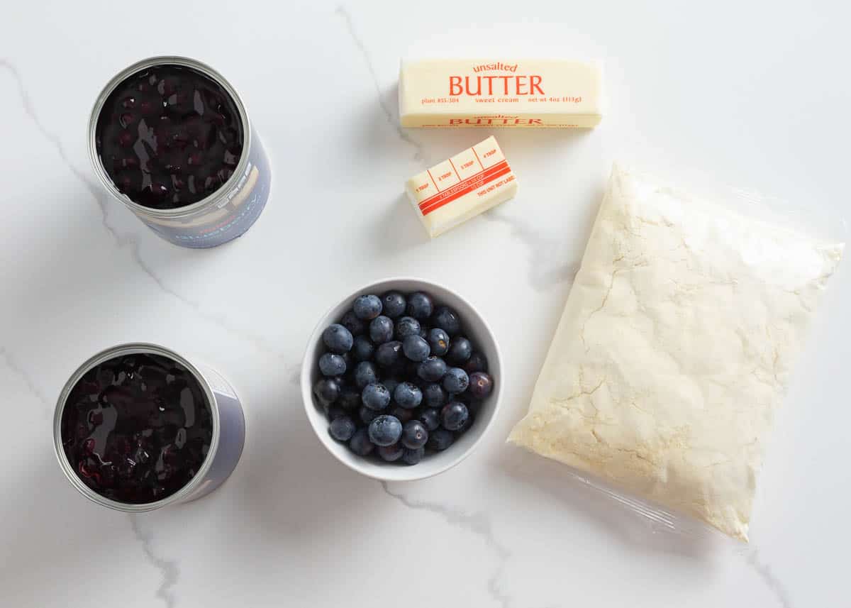 Blueberry pie filling, fresh blueberries, unsalted butter and cake mix.