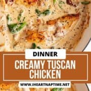 Tuscan chicken in a skillet.