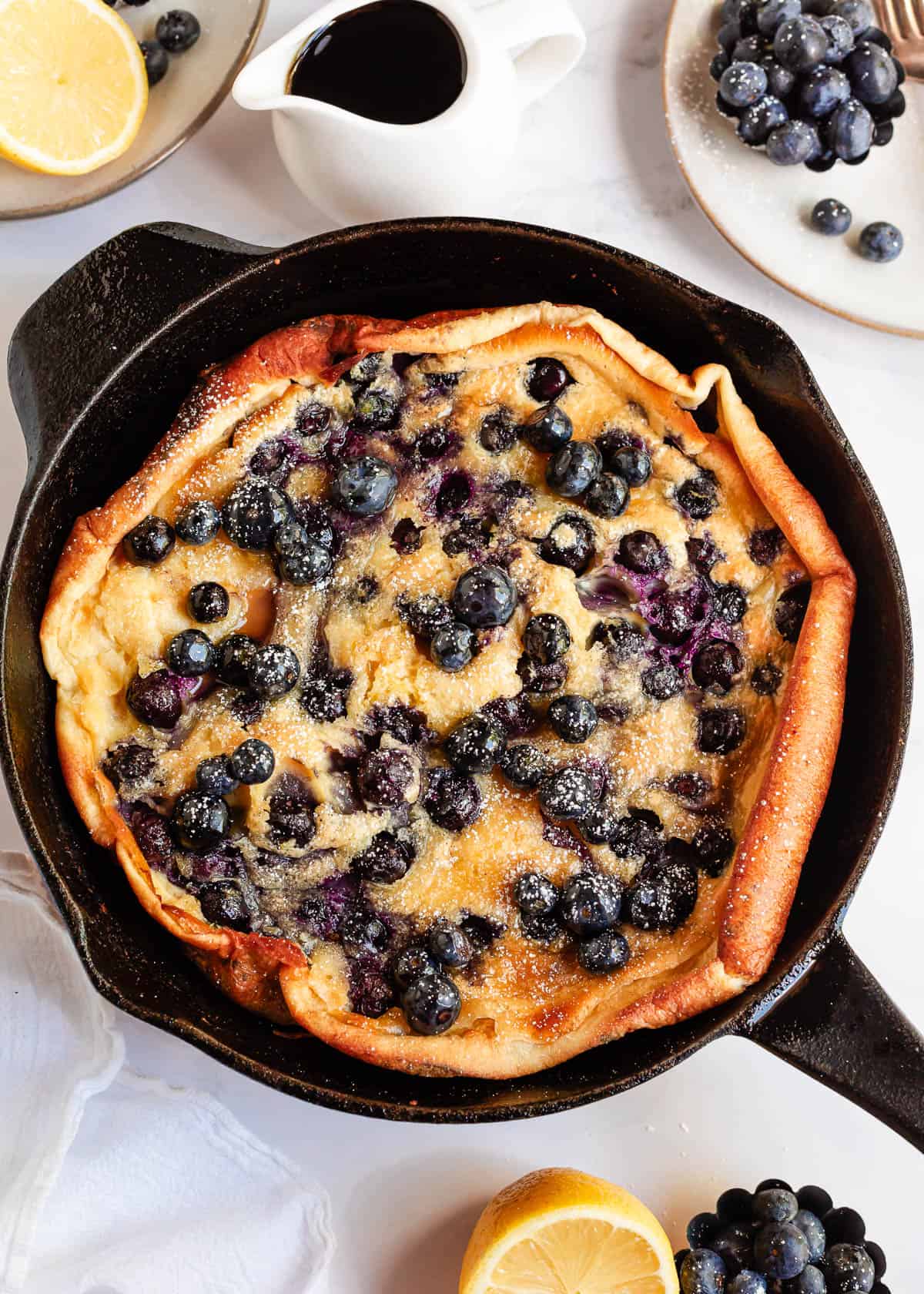 Lemon Blueberry Dutch Baby in pan.