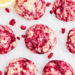 Raspberry cookies on the countertop.