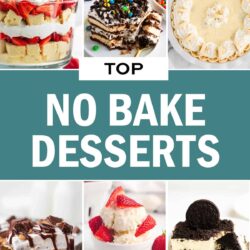 Photo collage of no bake desserts.