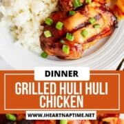 Grilled huli huli chicken with pineapple slices and rice on a plate.