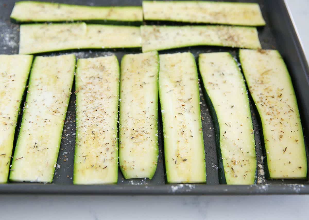 Zucchini seasoned and ready to be grilled.