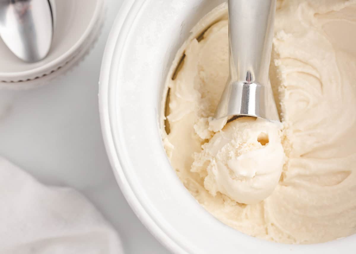 Homemade ice cream churned in an ice cream machine.