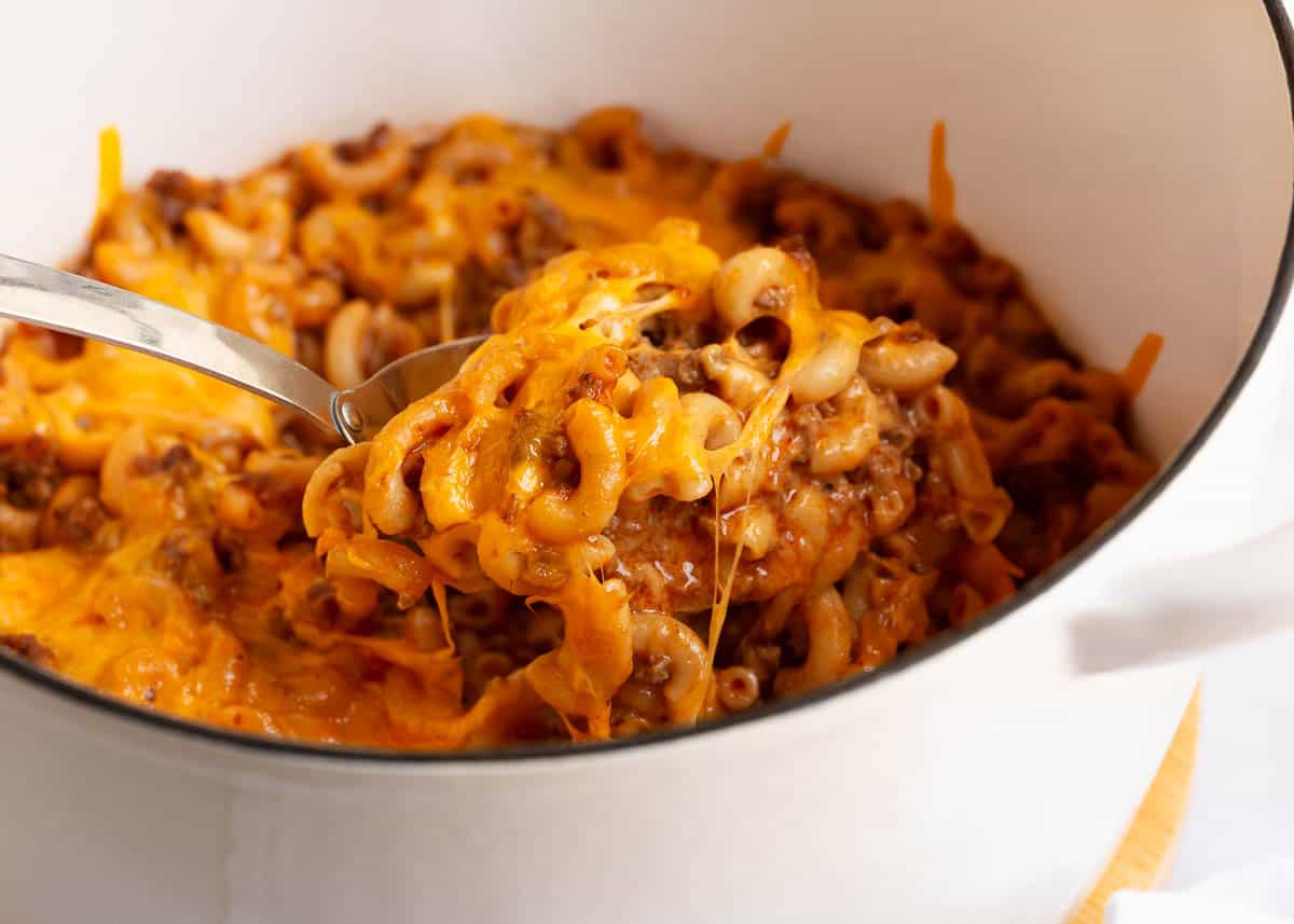 Cheeseburger casserole in a pot.