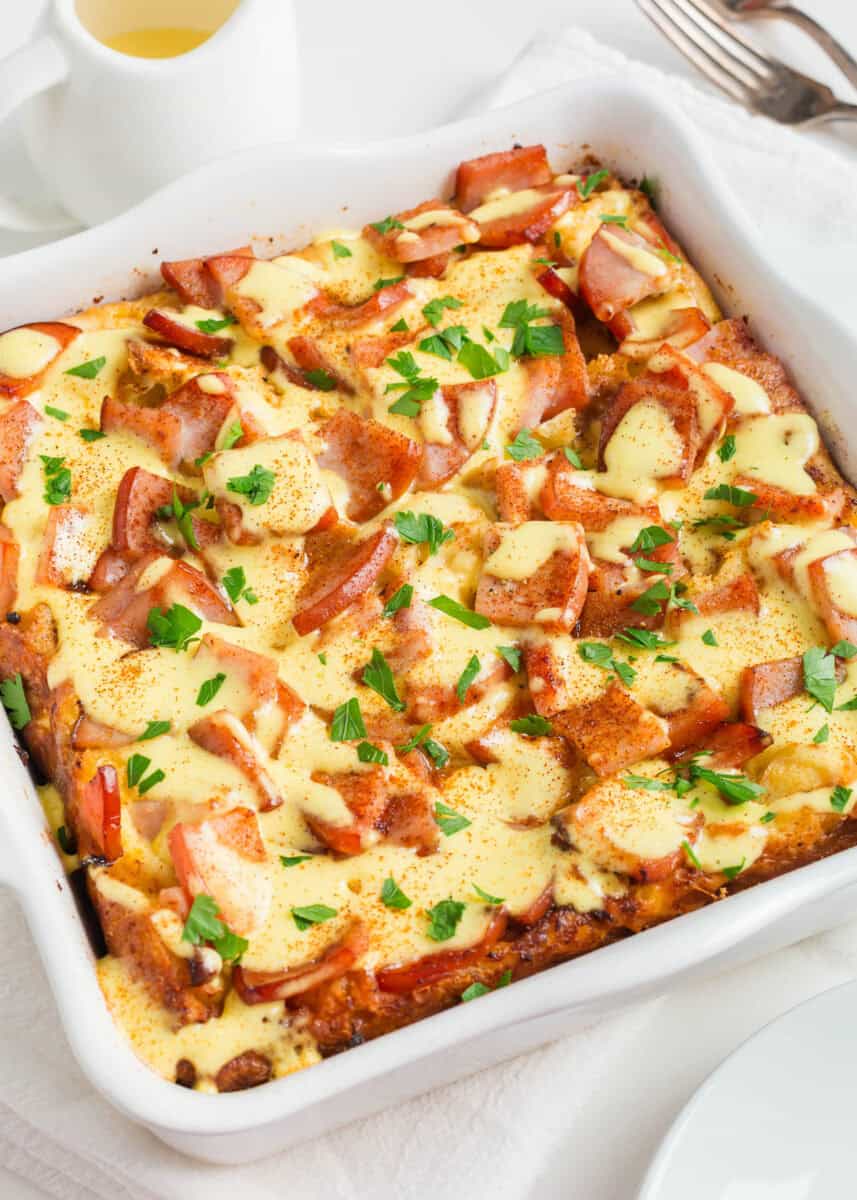 Eggs Benedict casserole in a dish. 