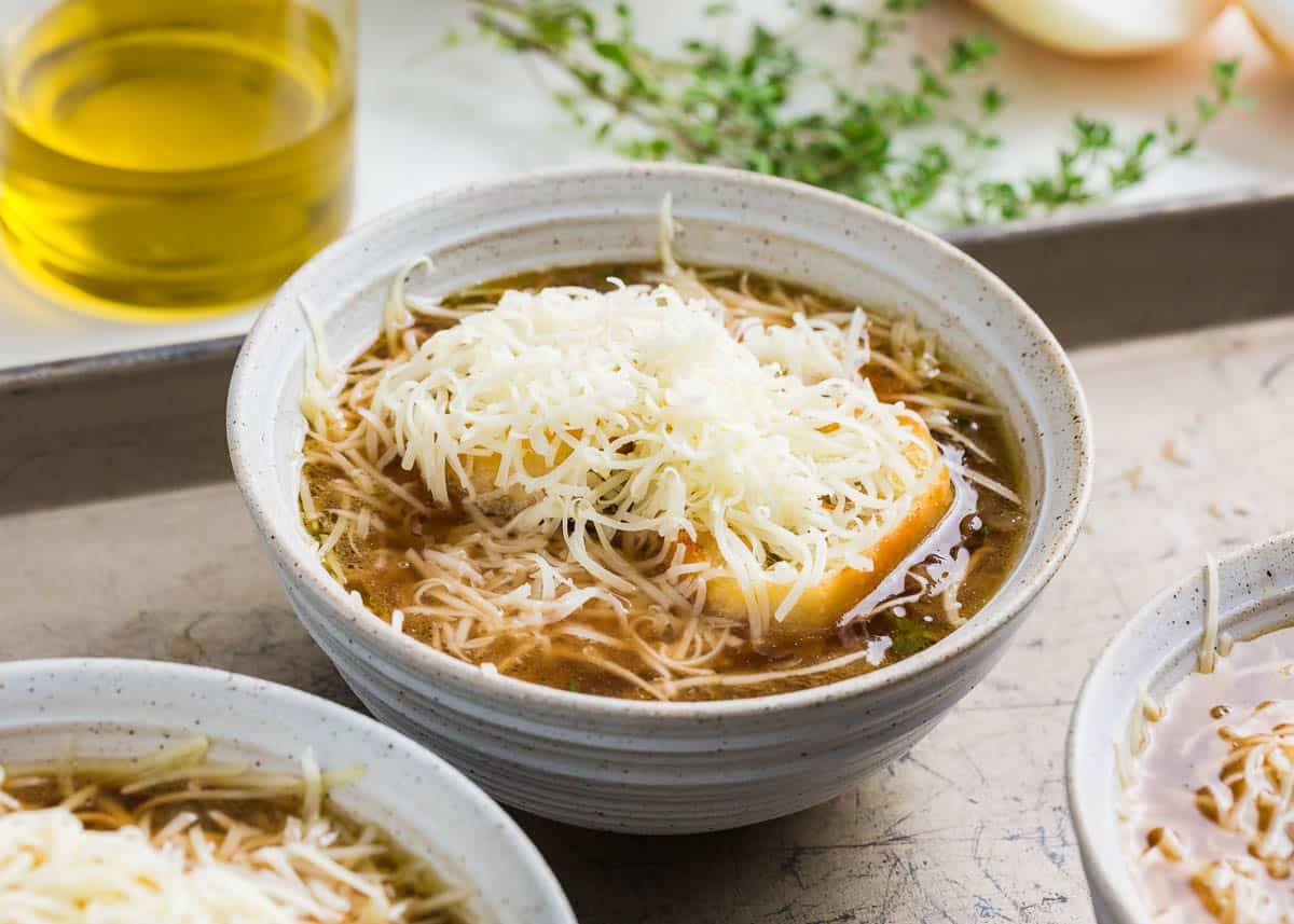 Bowl of french onion soup.