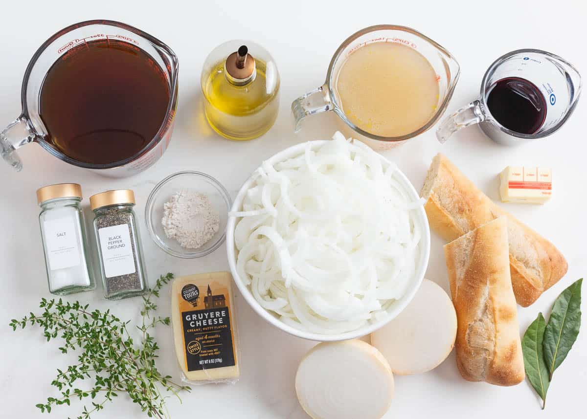 French onion soup ingredients on counter.