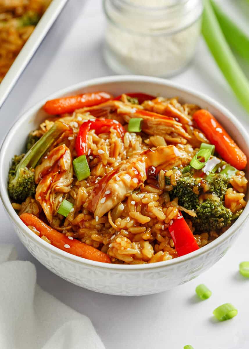 Teriyaki chicken casserole in a white bowl.