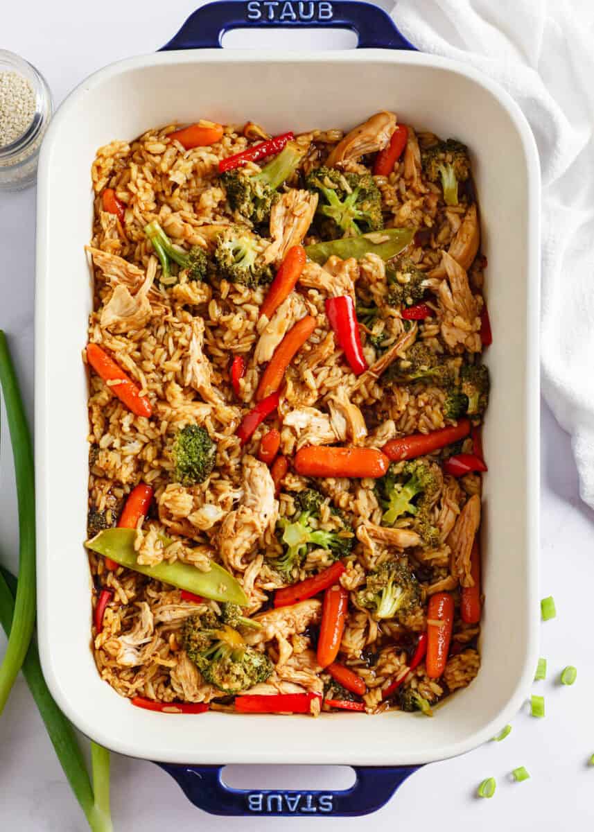 Teriyaki chicken casserole in a white baking dish.