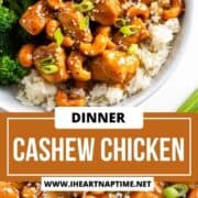 Cashew chicken in a bowl with rice and broccoli.