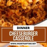 Cheeseburger casserole in white pot with serving spoon.