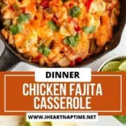 Chicken fajita casserole in cast iron skillet and laid on a tortilla.