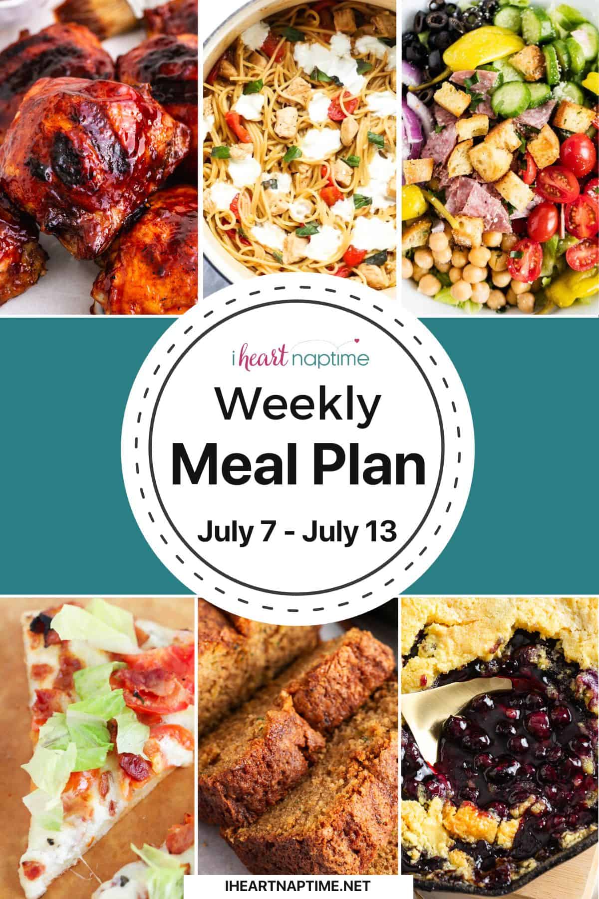 Photo collage of recipes for a weekly meal plan for I Heart Naptime.