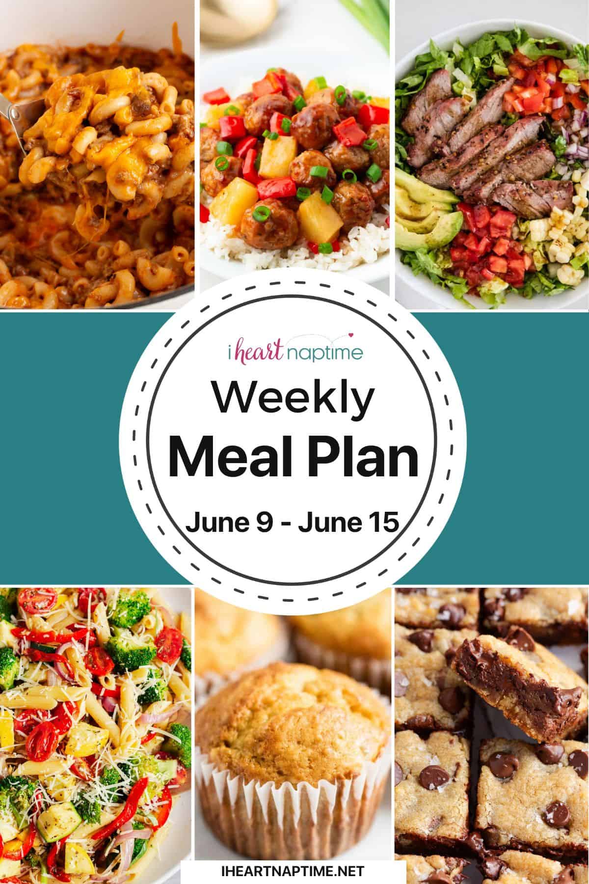 Photo collage of recipes for I Heart Naptime weekly meal plan.