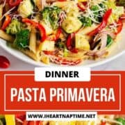 Pasta primavera in a white dish.