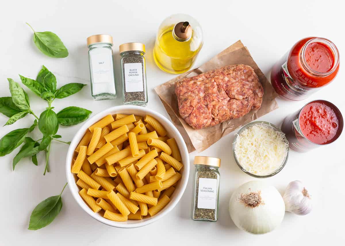 Baked rigatoni ingredients on the counter.