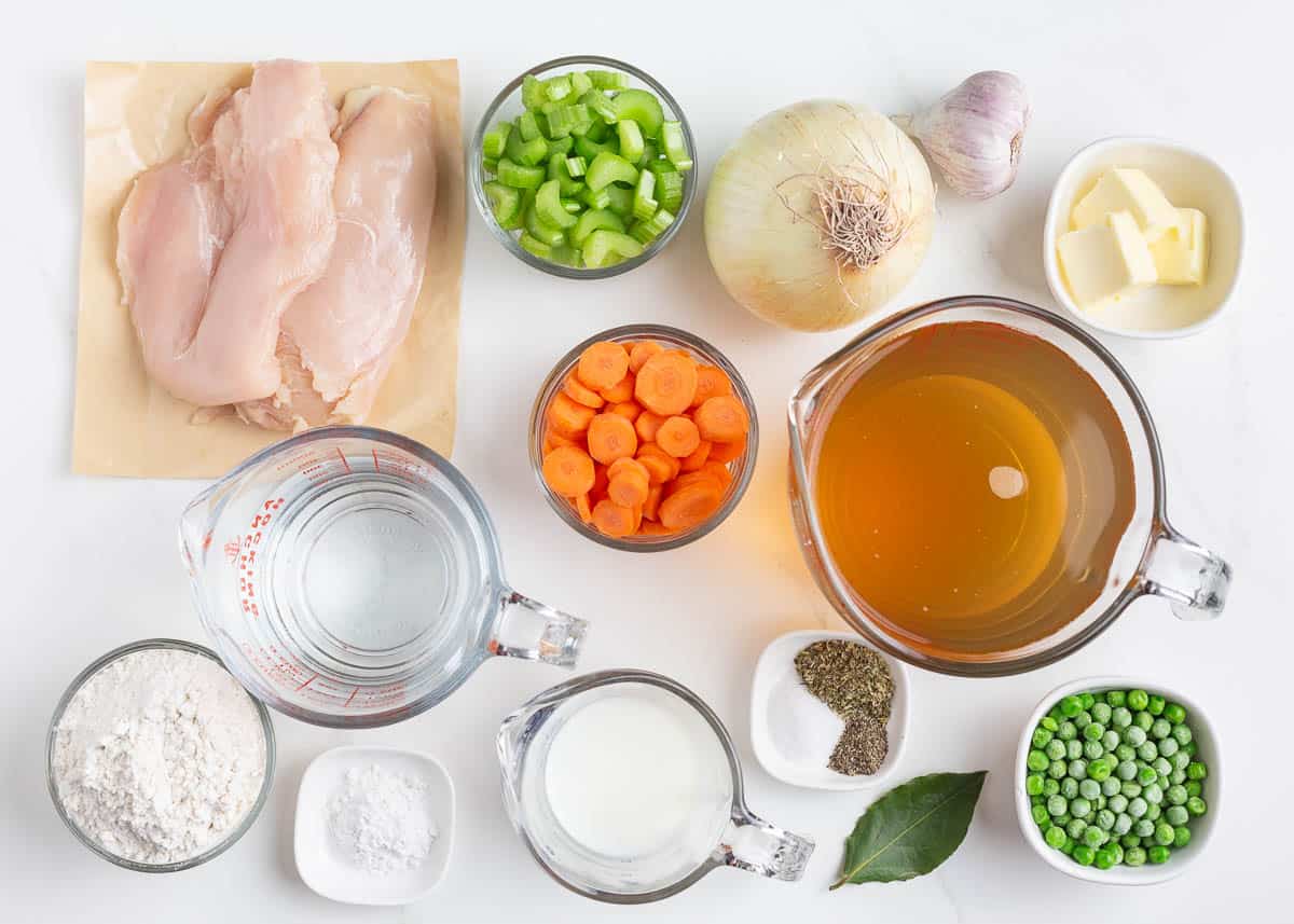 Chicken dumpling soup ingredients on the counter.