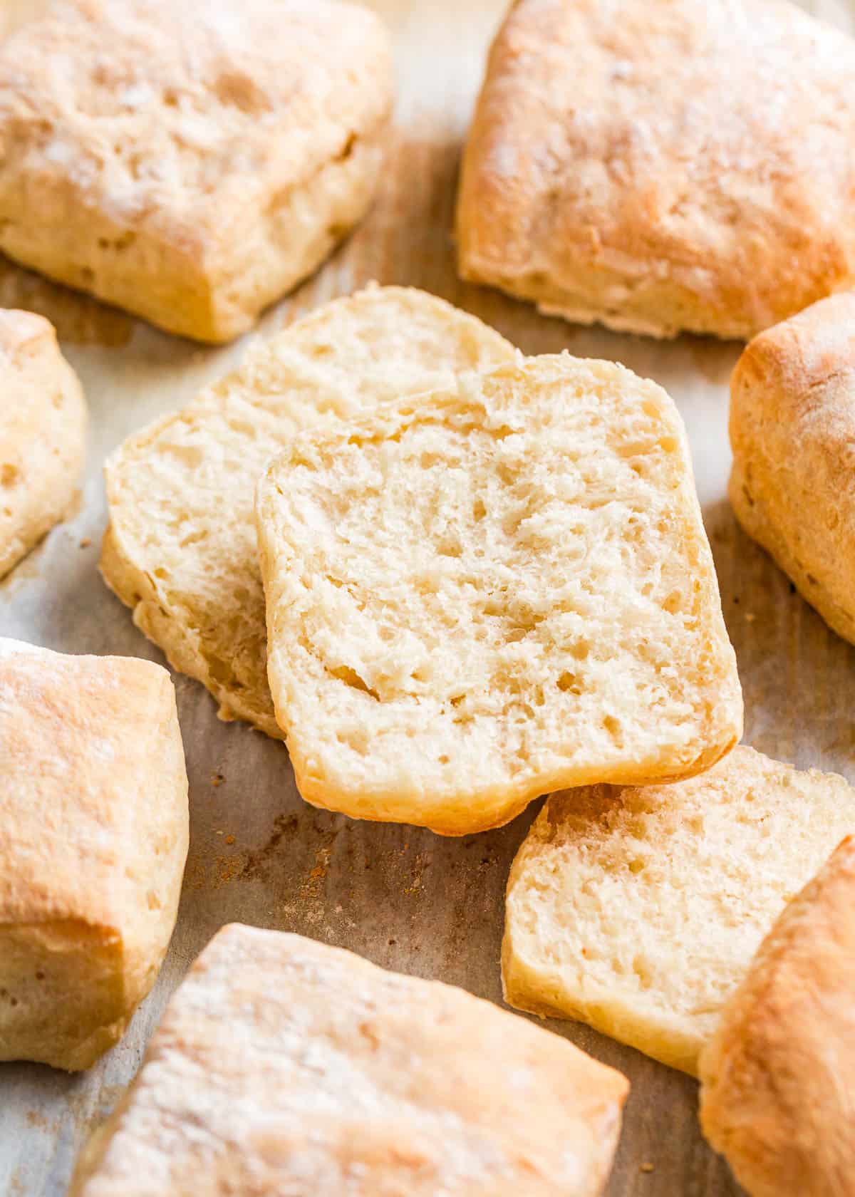 Sliced ciabatta bread rolls.