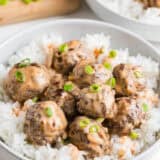 Firecracker meatballs in a bowl with rice.