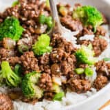 Ground beef and broccoli in a bowl.