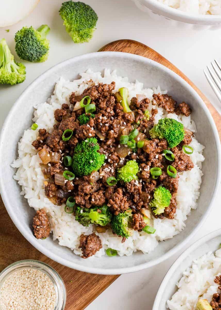 Ground beef and broccoli  with rice in a bowl. 