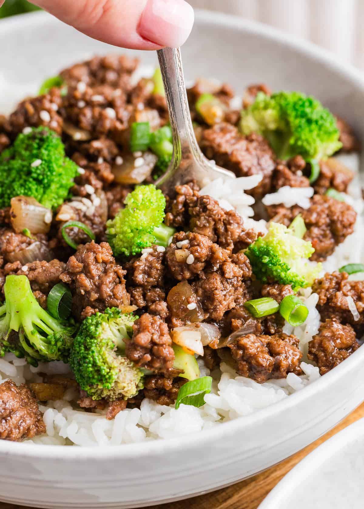 Ground beef and broccoli in a bowl.