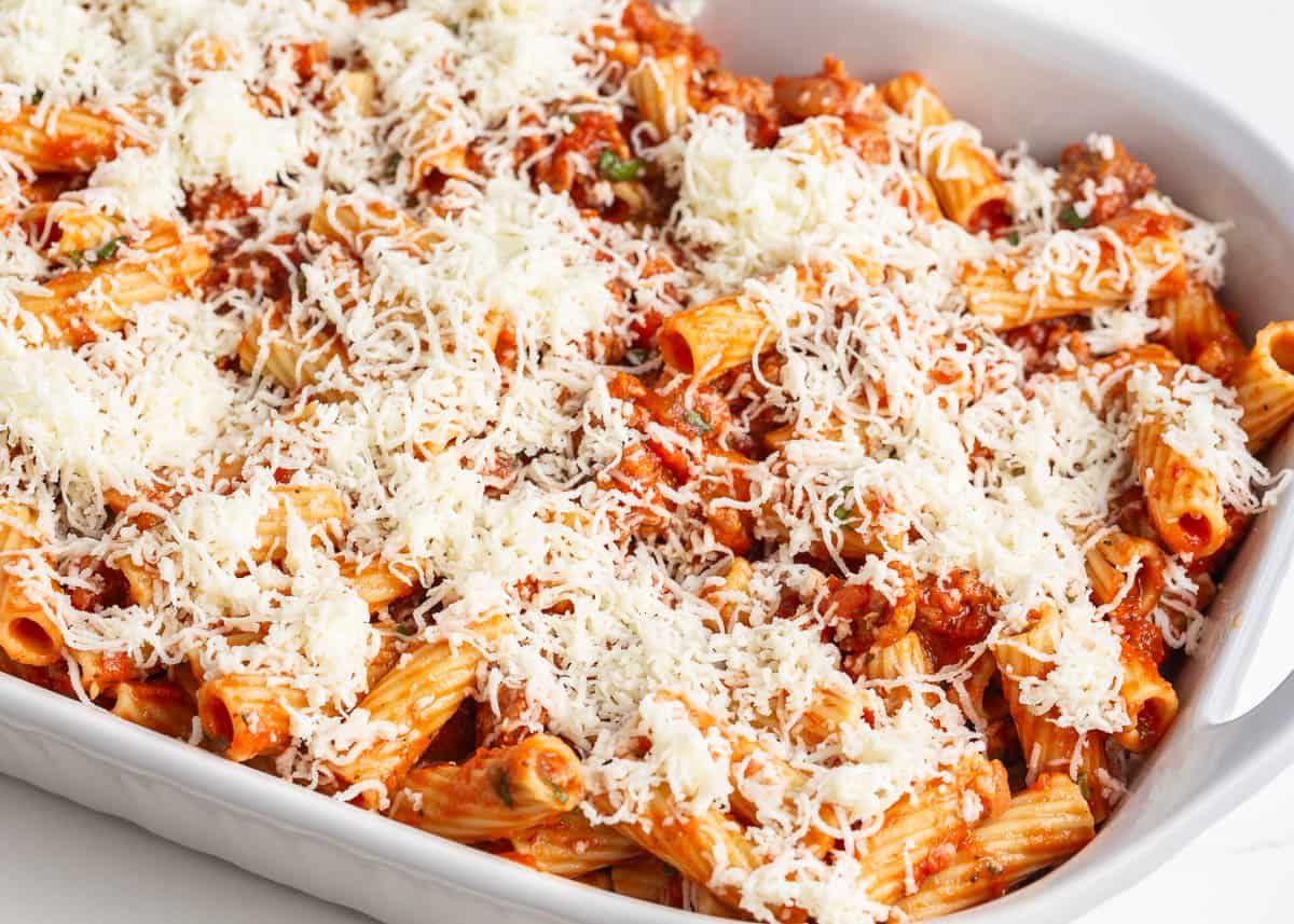 Baked rigatoni in a baking dish.