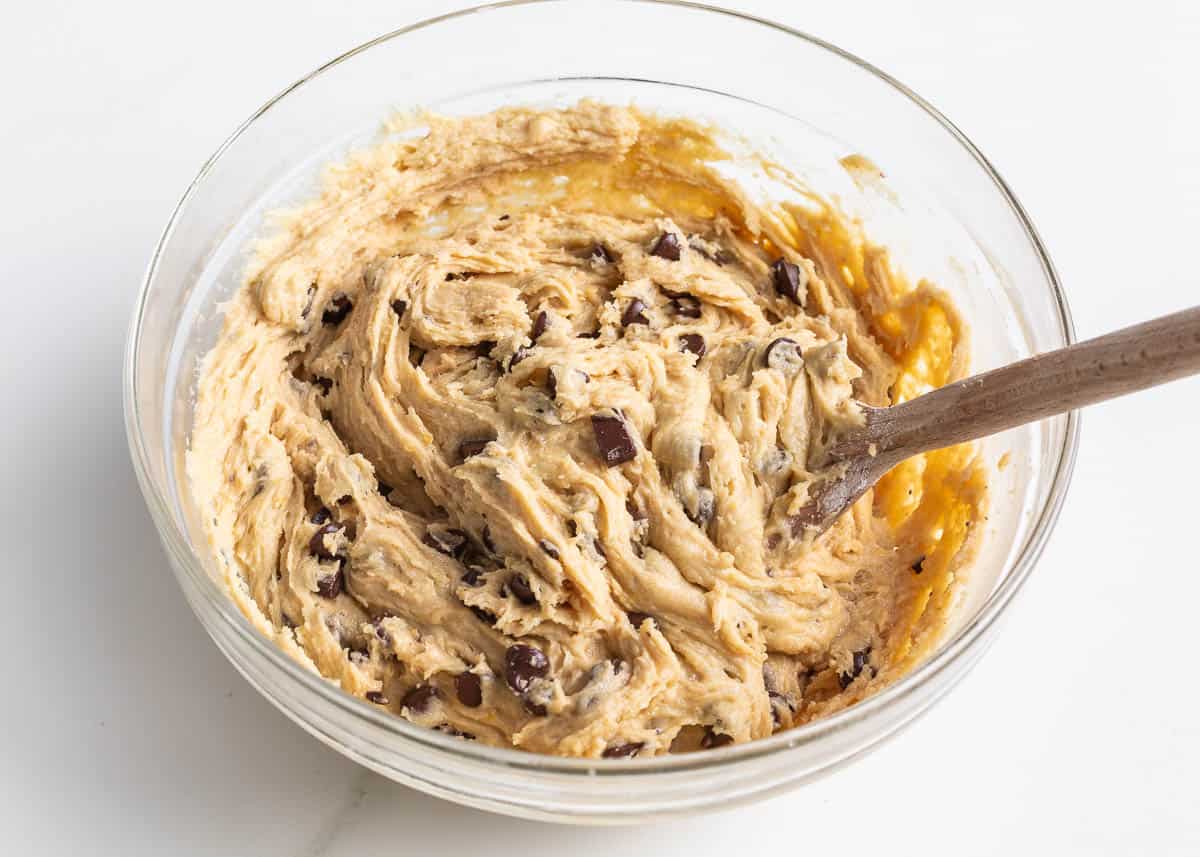 Sourdough chocolate chip cookie dough in a bowl.