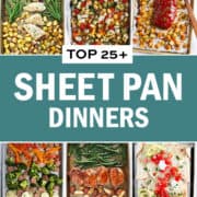 A collage of recipe photos with sheet pan dinners.