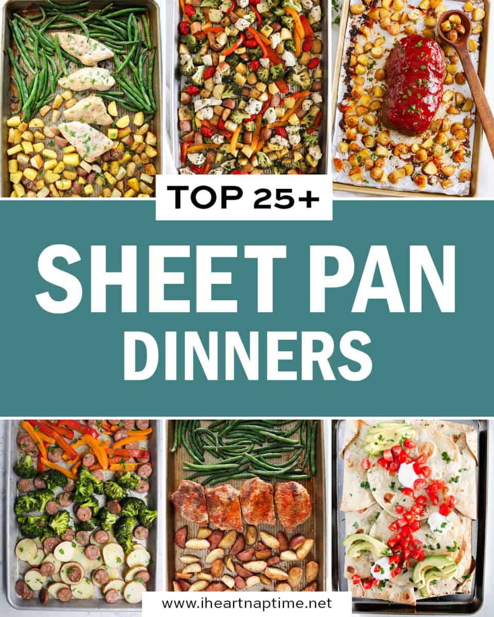 A collage of recipe photos with sheet pan dinners.