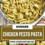 Chicken pesto pasta in a skillet.