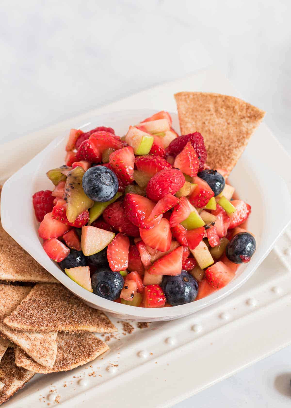 Cinnamon tortilla chips and fruit salsa.