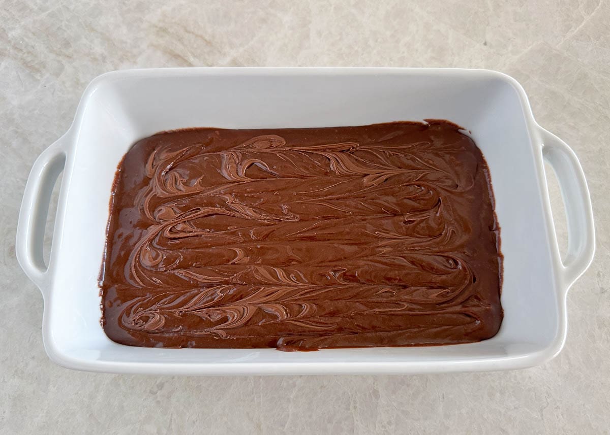 Nutella brownies in a white baking dish.