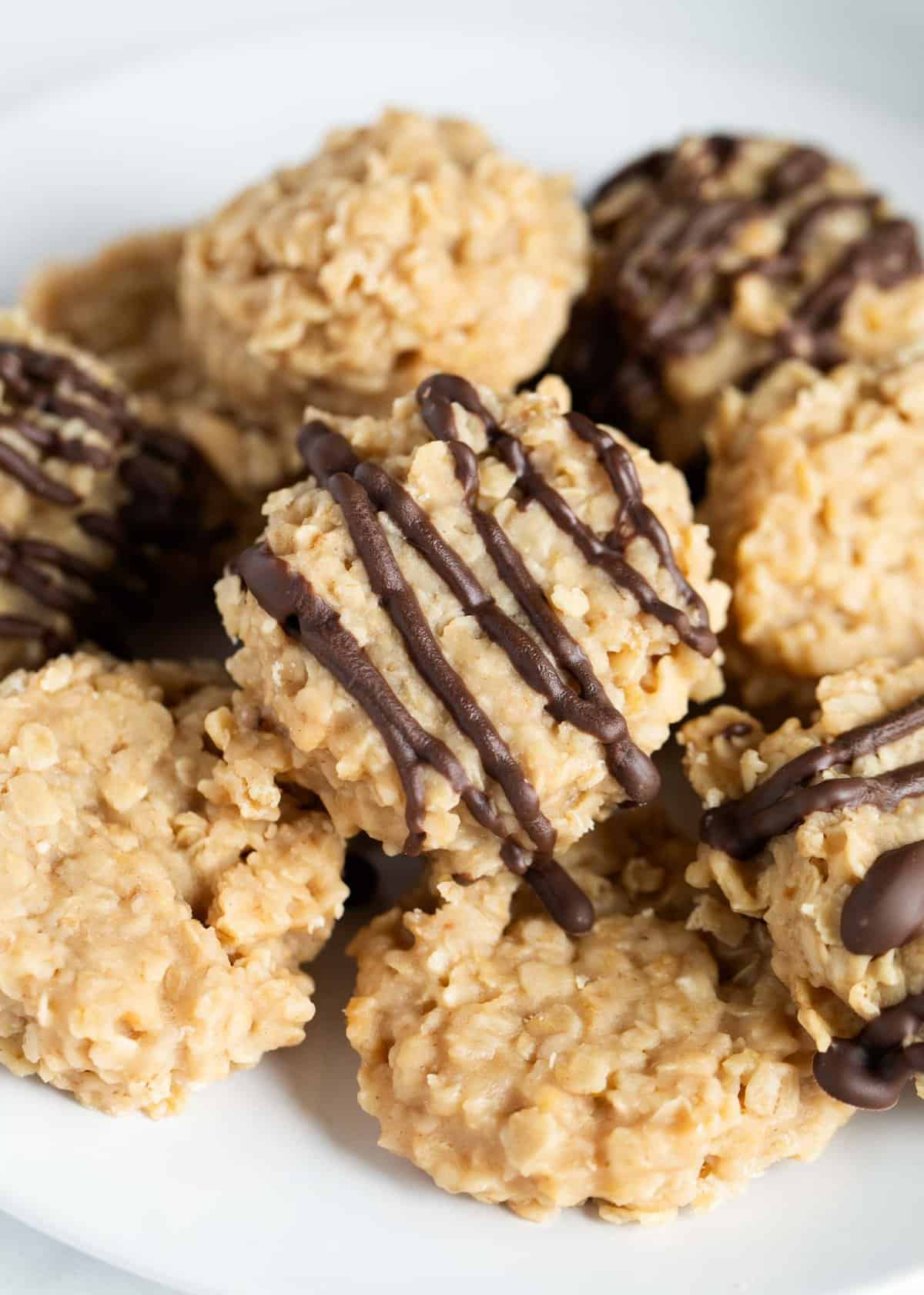 No bake oatmeal peanut butter cookies on a plate.