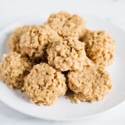 No bake peanut butter oatmeal cookies on a plate.