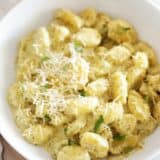 Pesto gnocchi in a bowl.