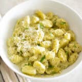 Pesto gnocchi in a bowl.