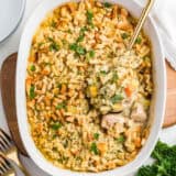 Chicken and stuffing casserole in a baking dish.