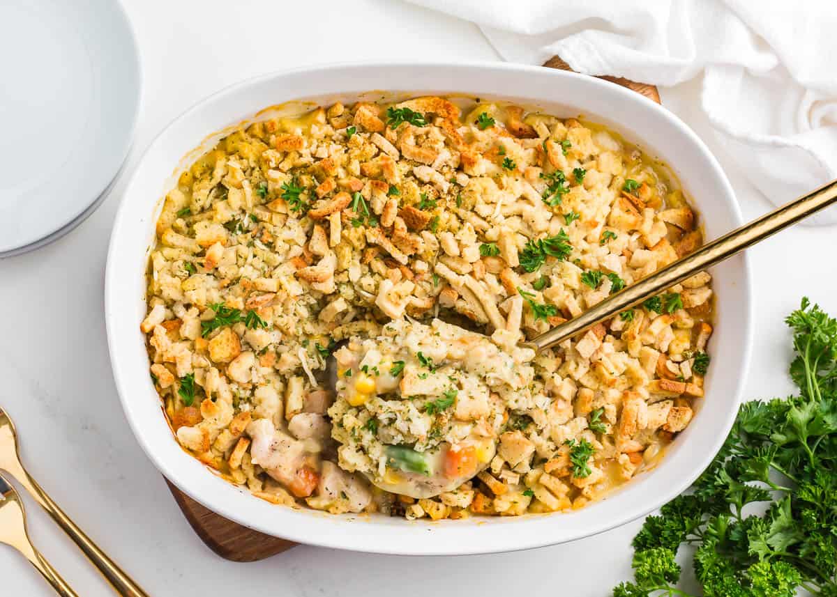 Chicken and stuffing casserole in a baking dish.