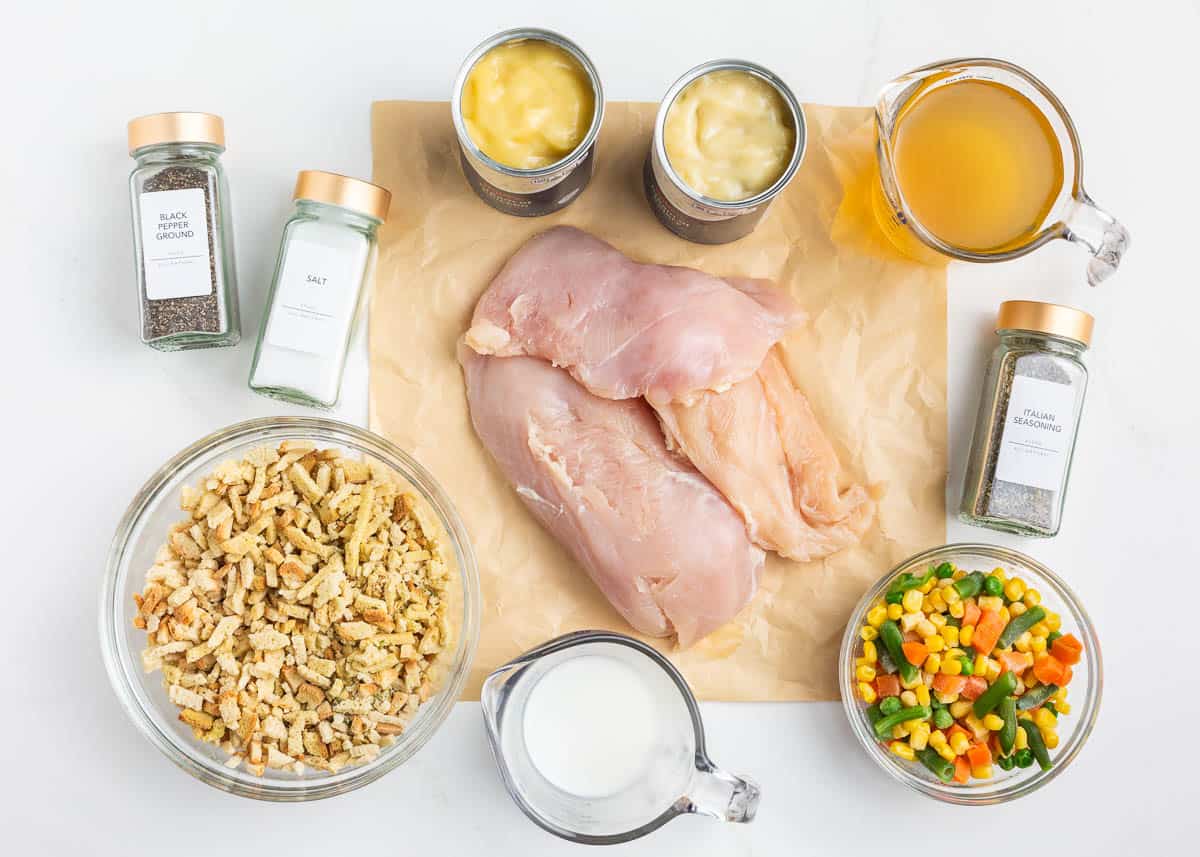 Chicken and stuffing casserole ingredients on the counter.