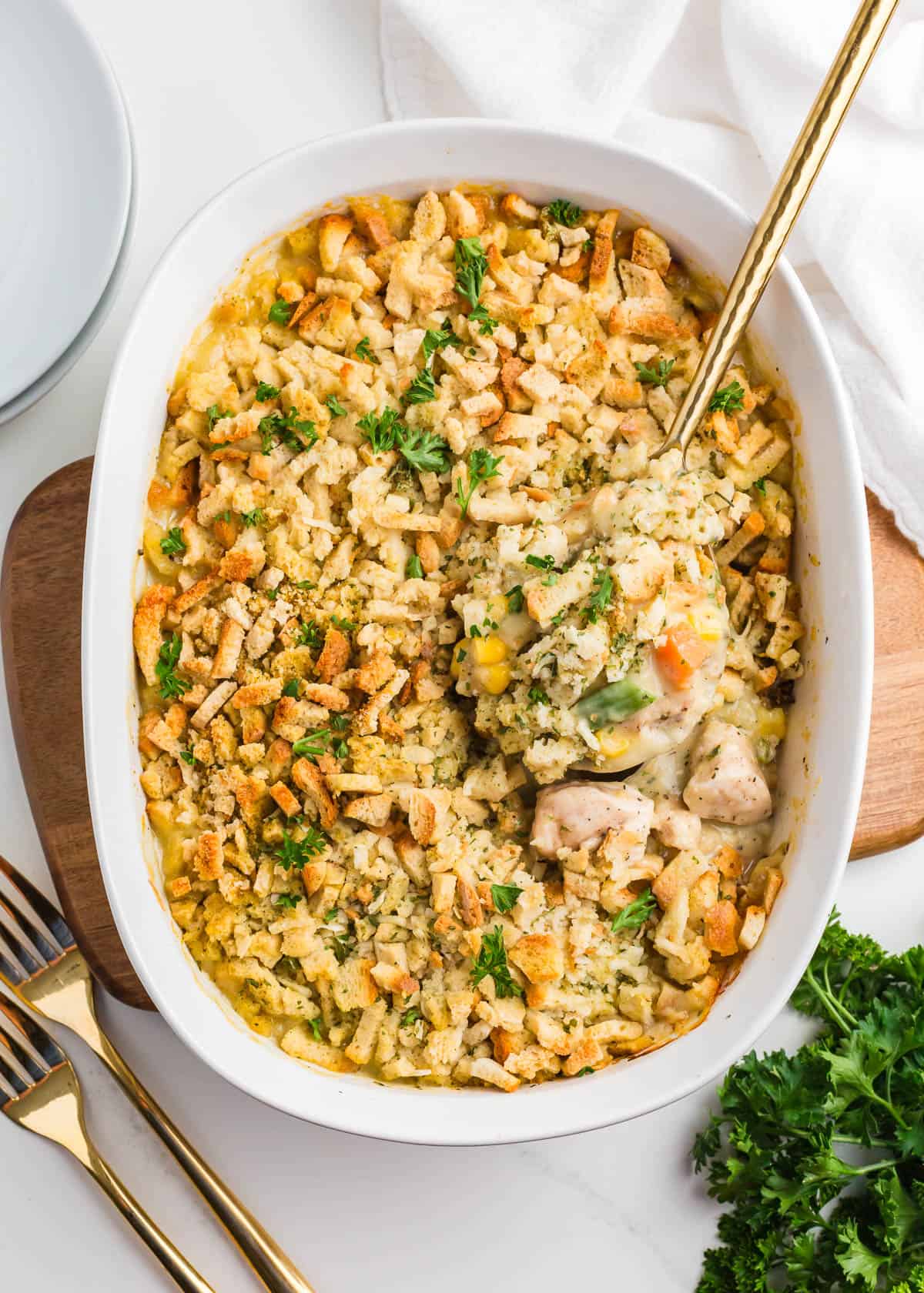 Chicken and stuffing casserole in a baking dish.