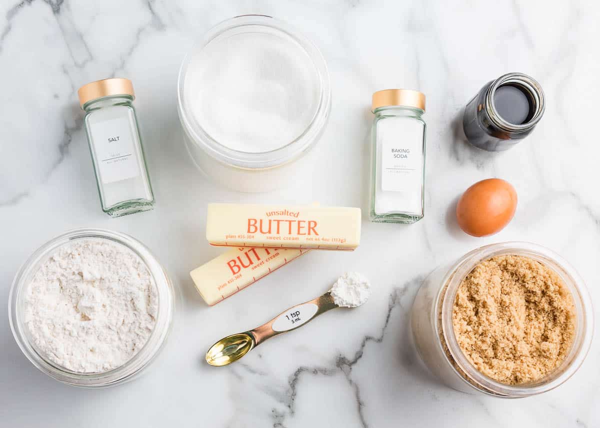 Chocolate chipless cookie ingredients on counter.