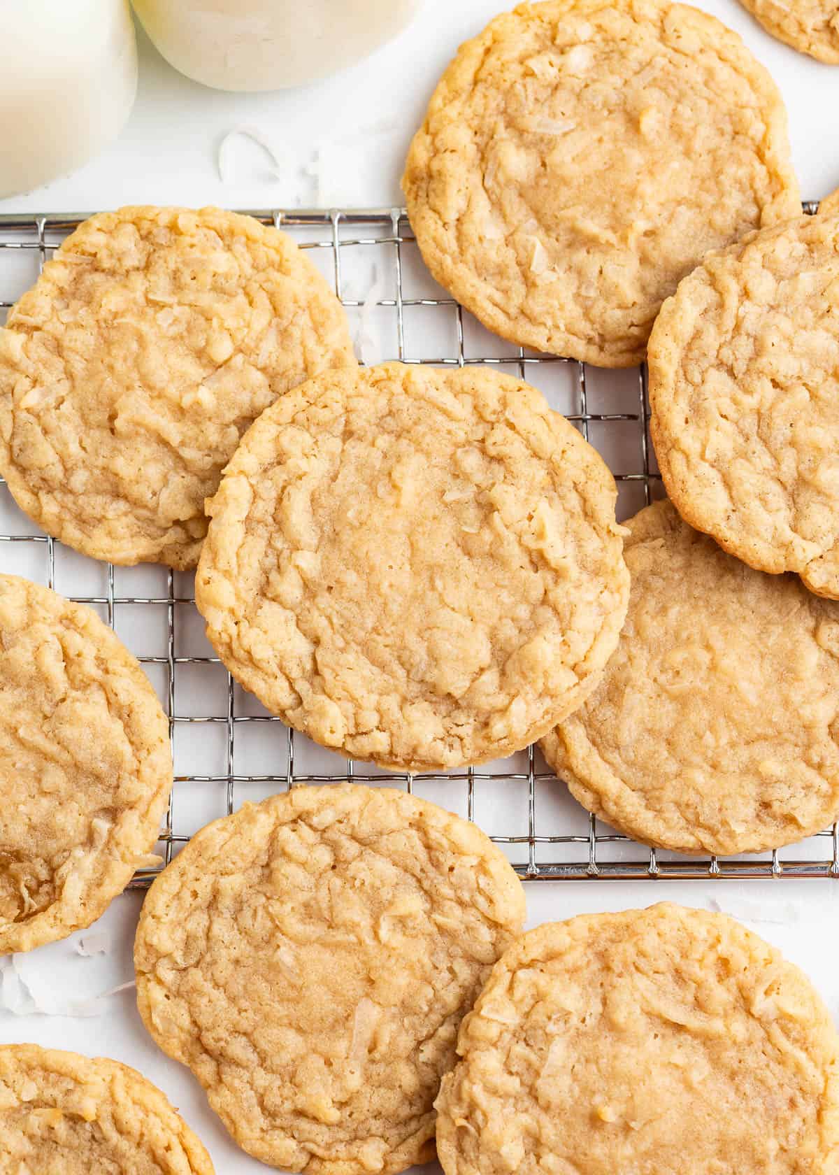 Coconut cookies on a cooling rack.