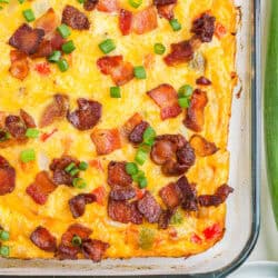 Egg and potato casserole in baking dish.