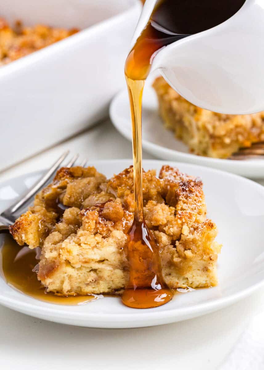 French toast casserole with syrup. 