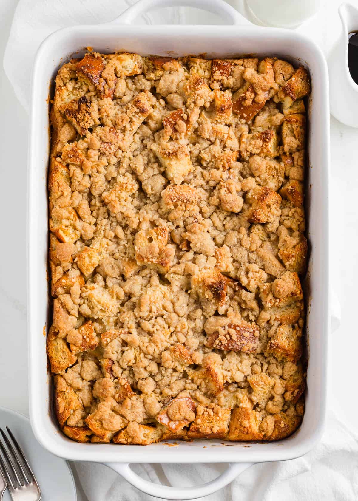 French toast casserole in a white dish.