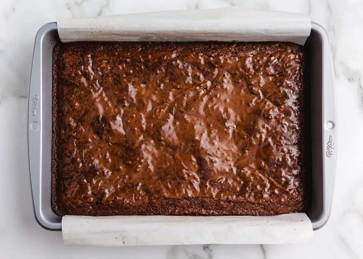 Brownies in a pan. 