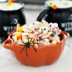 Halloween chex mix in a bowl.