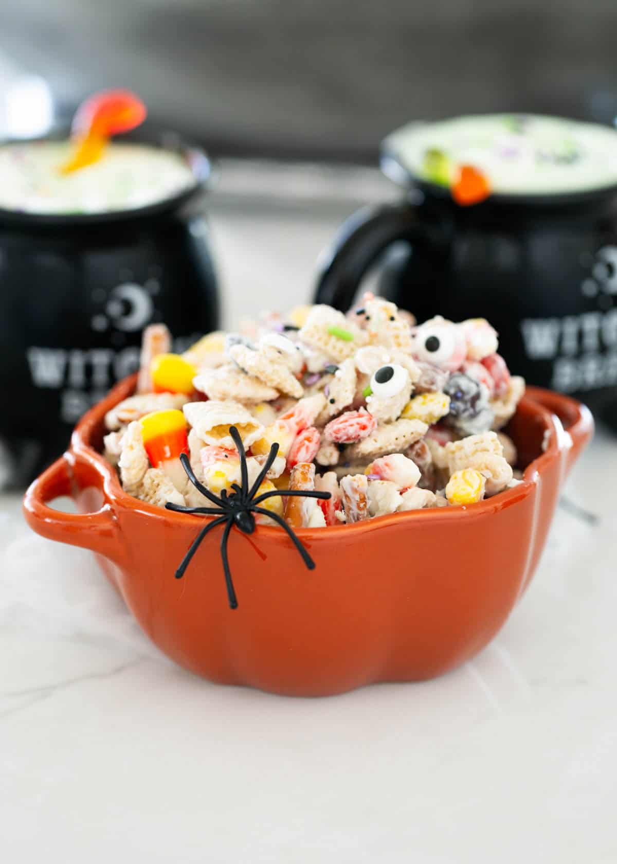 Halloween chex mix in a bowl.